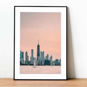 Impressão do horizonte e barco de Chicago, arte para impressão, impressão de pôster grande de Chicago, cartão de viagem de Chicago, murais de Chicago, impressão de fotografia de Chicago