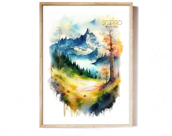 Stampa artistica di paesaggio montano ad acquerello (download digitale)