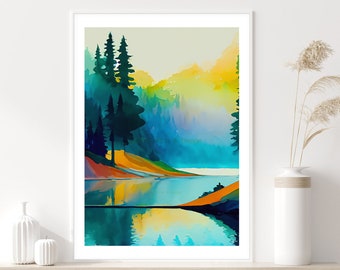 Stampa acquerello di lago e montagna: moderna arte murale con paesaggio (download digitale)
