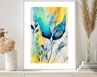 Stampa artistica floreale ad acquerello: decorazione murale astratta nei toni del verde acqua e del giallo (download digitale)