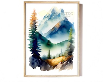 Stampa artistica di paesaggio montano ad acquerello (download digitale)