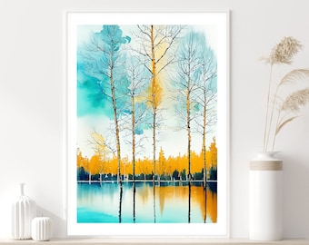 Stampa artistica ad acquerello con lago e betulle: decorazione da parete per la casa (download digitale)