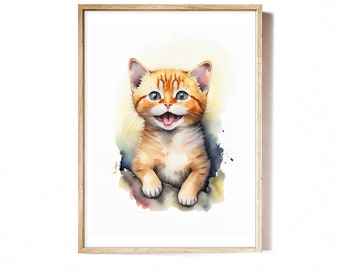 Watercolor Kitten Art Print, Kids Nursery Decor (Digital Download)