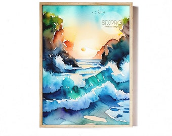 Stampa artistica di paesaggio marino ad acquerello: onde dell'oceano al tramonto (download digitale)