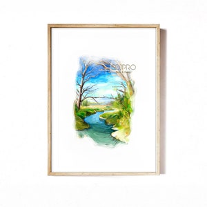 Landscape Wall Art, River Nature Wall Art, Scenery Print, Modern Wall Print, Home Decor, Watercolor Art Print, Instant Download