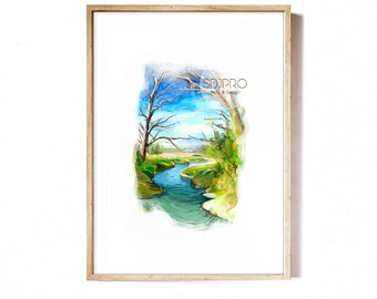Stampa artistica di paesaggio fluviale ad acquerello: paesaggio naturale moderno (download immediato)
