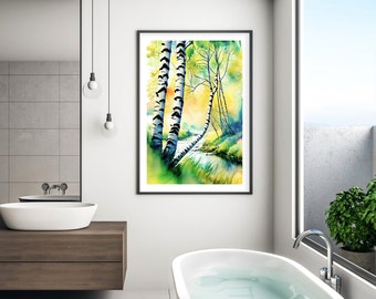 Stampa artistica ad acquerello di betulla: scena naturale di fiume (download digitale)
