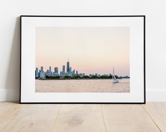 Chicago Skyline and Boats Wall Print, Lake Michigan Print, Chicago Print, John Hancock Print, Vintage Download Art Print, Instant Download