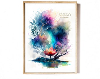 Stampa artistica di un albero ad acquerello: decorazione astratta per la casa (download digitale)