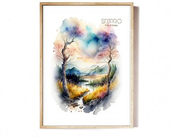 Stampa artistica ad acquerello di un paesaggio montano con lago (download digitale)