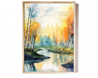Stampa artistica di paesaggio autunnale ad acquerello: fiume e alberi (download digitale)