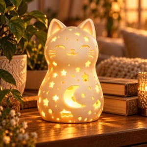 Może przedstawiać: Kremowa ceramiczna lampa w kształcie kota z wyciętymi wzorami gwiazd i półksiężyca. Lampa emituje ciepłe, delikatne światło od wewnątrz, podkreślając kocie rysy twarzy, w tym uszy, oczy i wąsy.