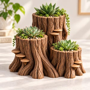 May include: A multi-tiered brown planter shaped like a tree stump with textured bark, featuring three distinct planting sections filled with green succulents and small trailing plants, accented by small sculpted mushrooms.
