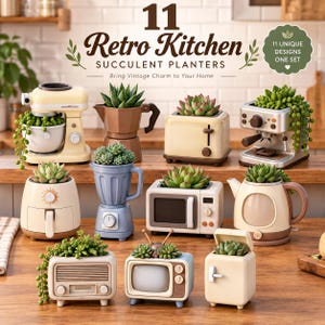 May include: A set of 11 succulent planters shaped like retro kitchen appliances, including a stand mixer, moka pot, toaster, espresso machine, air fryer, blender, microwave, kettle, radio, television, and refrigerator, each holding green plants.