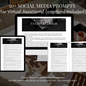 Puede incluir: Un portátil, una tableta y dos páginas impresas con el texto "VA Content Ideas" y una lista de más de 50 indicaciones para redes sociales para asistentes virtuales. El pie de foto dice "Más de 50 indicaciones para redes sociales para asistentes virtuales! (leyendas incluidas)".