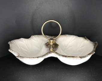 MCM California Pottery White Gilt Double Leaf Candy Nut Dish with Brass Handle 501