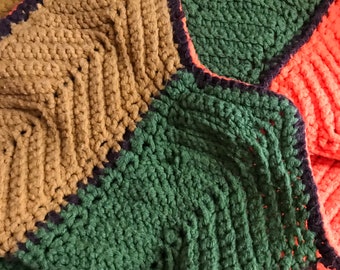 1970s Crocheted Chocolate-trimmed Afghan Throw Gold Green Orange 60”x66”