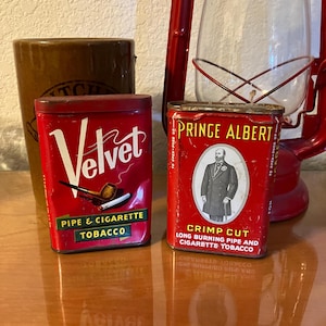 Vintage Prince Albert Crimp Cut and Velvet Pipe Ligett & Myers Pocket Tobacco Tins ca 1910s