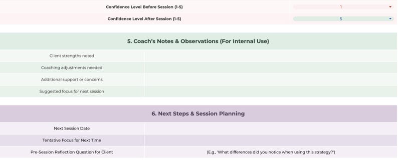 May include: A digital document with a light green and purple colour scheme. The document is divided into sections, including "Coach's Notes & Observations" and "Next Steps & Session Planning." Text fields are present for notes and planning.