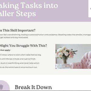 May include: A worksheet titled "Breaking Tasks into Smaller Steps" with text about organisation and planning. The image includes a pink armchair, a vase of flowers, and a small white table.