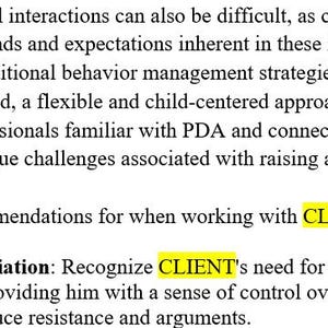 May include: Text from a document about PDA (Pathological Demand Avoidance) in children. The text discusses social interactions, behavior management, and recommendations for working with clients, including flexibility and negotiation.