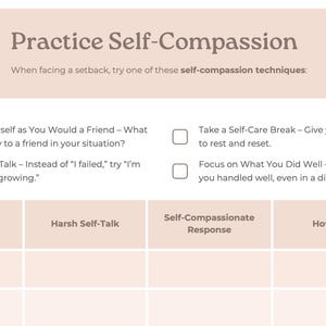 May include: A light beige worksheet titled "Practice Self-Compassion" with checkboxes and prompts for self-reflection. The worksheet includes sections for identifying setbacks, harsh self-talk, and self-compassionate responses.