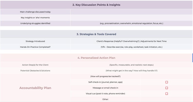 May include: A worksheet with sections for discussion points, strategies, and a personalized action plan. The sections include prompts for key insights, strategies, and client responses. The worksheet also includes an accountability plan.