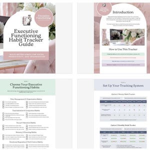 May include: A guide titled "Executive Functioning Habit Tracker Guide" with a pink and white design. The guide includes sections on how to use the tracker, choosing habits, and setting up a tracking system. The guide aims to build better habits for focus, productivity, and organization.