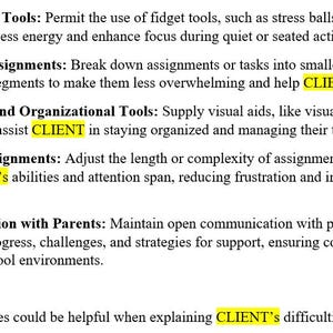 May include: White document with bullet points outlining strategies for supporting clients, including fidget tools, chunking assignments, visual aids, modified assignments, and parent communication. The text also mentions helpful websites.