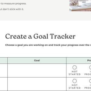 May include: A goal tracker template with sections for date, goal, and progress. The progress section includes options for 'Not Started,' 'In Progress,' and 'Completed.' The text 'Create a Goal Tracker' is displayed prominently.