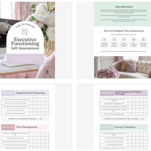 May include: A self-assessment guide titled "The Ultimate Executive Functioning Self-Assessment." The cover features text and a graphic, with a background of a desk, flowers, and a computer. The guide includes sections on organization, time management, and focus.