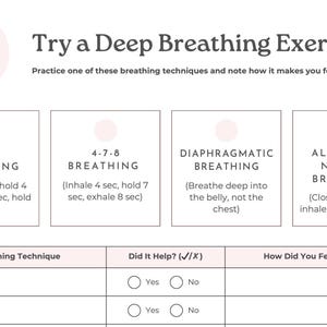 Op de afbeelding: Een wit en roze werkblad getiteld "Probeer een diepe ademhalingsoefening". Het bevat vier ademhalingstechnieken: Box Breathing, 4-7-8 Breathing, Diaphragmatic Breathing en Alternate Nostril Breathing. Bevat een sectie om resultaten vast te leggen.