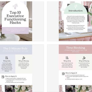 May include: A digital guide titled "Top 10 Executive Functioning Hacks" with the subtitle "Simple Strategies to Improve Focus, Organization, and Productivity." The guide includes sections on the 2-Minute Rule and Time Blocking.