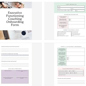 Może przedstawiać: Czterostronicowy dokument zatytułowany „Executive Functioning Coaching Onboarding Form”. Formularz zawiera sekcje dotyczące informacji o kliencie, informacji podstawowych, bieżących wyzwań i celów, preferencji dotyczących wsparcia i odpowiedzialności oraz preferencji dotyczących sesji i logistyki.