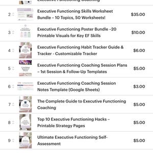 May include: A digital product listing featuring various resources for executive functioning coaching. Includes worksheets, guides, templates, and a welcome email sequence guide. Each item is listed with a title and price.