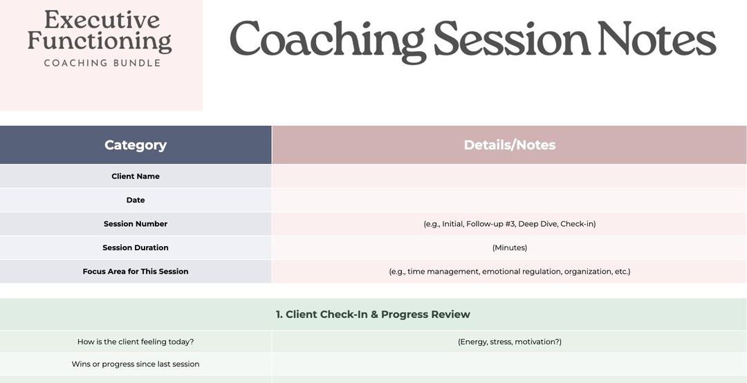 Executive Functioning Coaching Session Notes Template (google Sheets ...