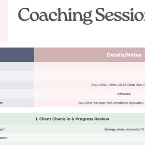 May include: A coaching session notes template with the text "Executive Functioning Coaching Bundle" at the top. The document includes sections for client information, session details, and a client check-in and progress review.
