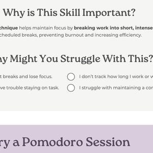 Op de afbeelding: Webpagina over de Pomodoro-techniek. De kop "Waarom is deze vaardigheid belangrijk?" introduceert het concept. De sectie "Waarom zou je hiermee kunnen worstelen?" somt mogelijke moeilijkheden op.