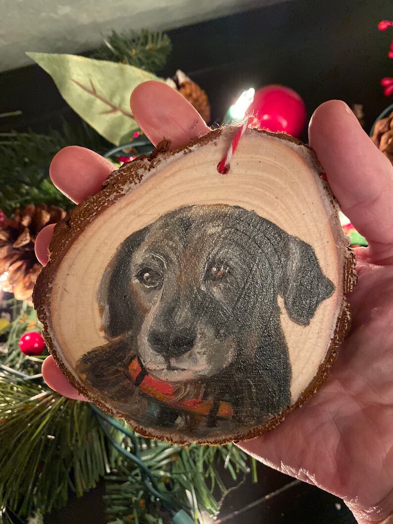 Custom Hand Painted, Wood Slice Pet Portrait Ornament,Pet Memorial image 6
