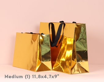 Gold paper gift bags with black cotton handles, Bright and shiny Hologram Gold bag, Thick, sturdy, durable, and luxury gift bags for parties