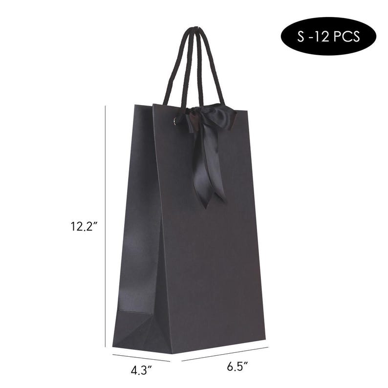 May include: Black gift bag with a satin ribbon bow and black rope handles. The bag is 12.2 inches tall, 6.5 inches wide, and 4.3 inches deep. The text "S - 12 PCS" is in a black oval.