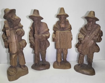 Figurines,  Vintage Hand Carved Wood Men Musicians