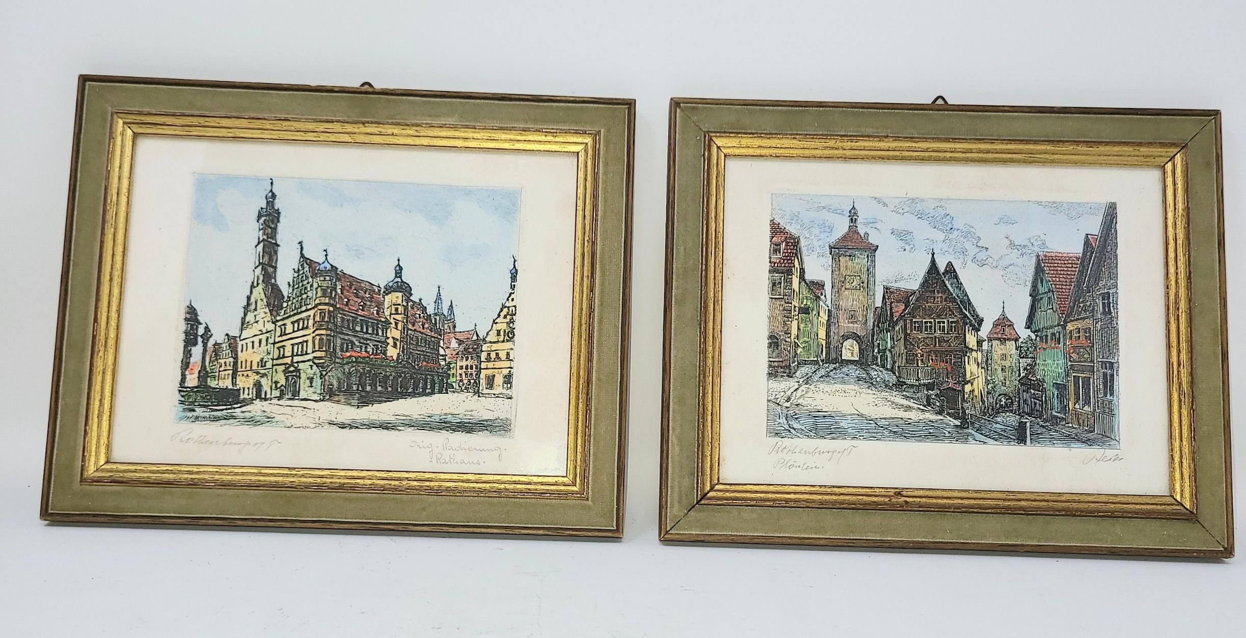 飾り絵　- アーティスト: Ernst Geissendörfer Hand Colored Etching of Rothenburg by Ernst Geissendorfer Silk