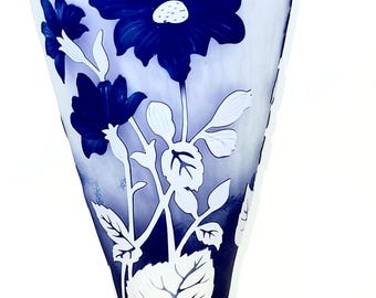 Vase, Shannon White Crystal with Blue Flowers, Mouth Blown, Hand Cut, Art Glass