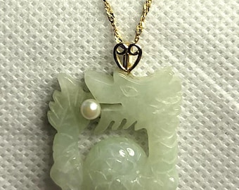 Jewelry, Necklace, Jade Dragon with Pearl on 14k Gold Chain and Bale, 8.816g
