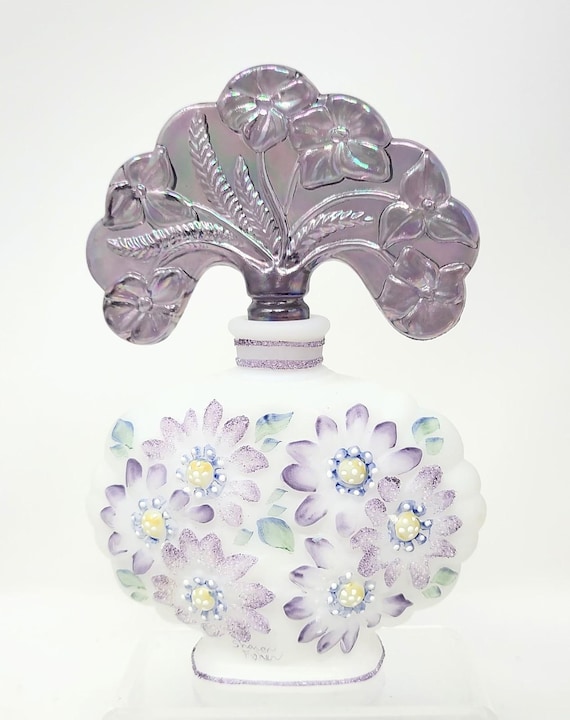 Bottle, Perfume Bottle, Fenton Iridescent: Hand-Painted Floral, Signed