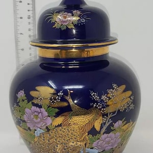 Jar, Ginger Jar, Vintage Yamato Porcelain Cobalt Blue & Gold Floral Hand Painted Ginger Jar