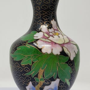 Vase, Black Floral Cloisonne Vase, Vintage