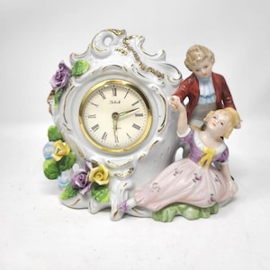 Clock, Victorian Man and Woman Porcelain Alarm Clock, Fully Functional