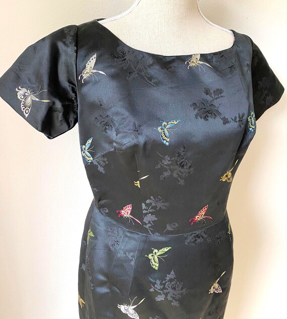 Vintage 1950s 1960s Silk Black Butterfly Dress
